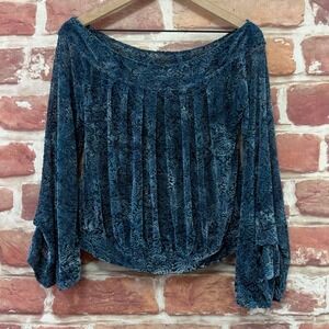 Free People Top Women's XS Teal Boho Peasant Floral Velvet Velour Burnout Shirt